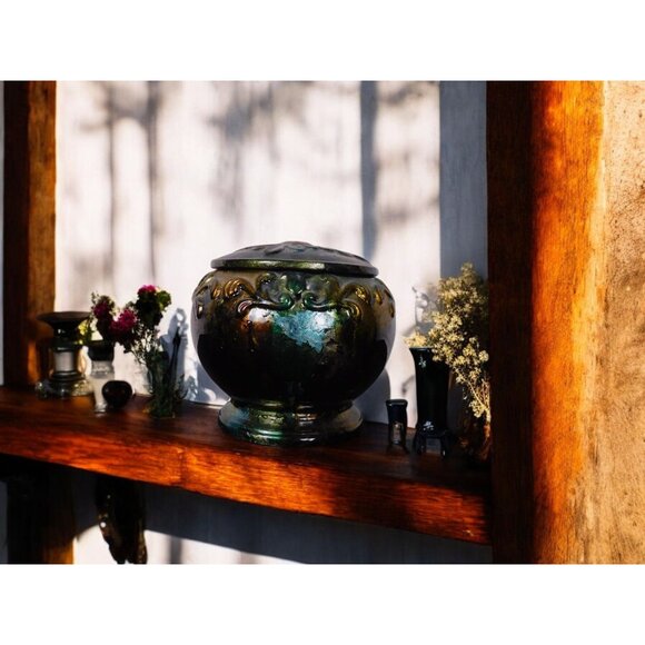 Antique Glazed Ceramic Jar with Lid Bohemian Rustic Decor 6" Tall - Picture 2 of 9